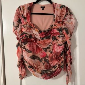 Express Body Contour Floral Mesh Cropped Top